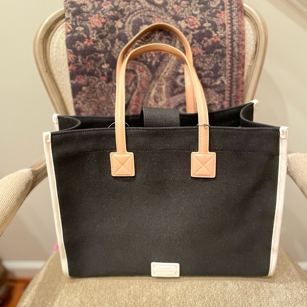 NWT Vince Camuto  Saly Blk Canvas, cream leather trim sides/bottom & ID beauty. - Picture 5 of 15